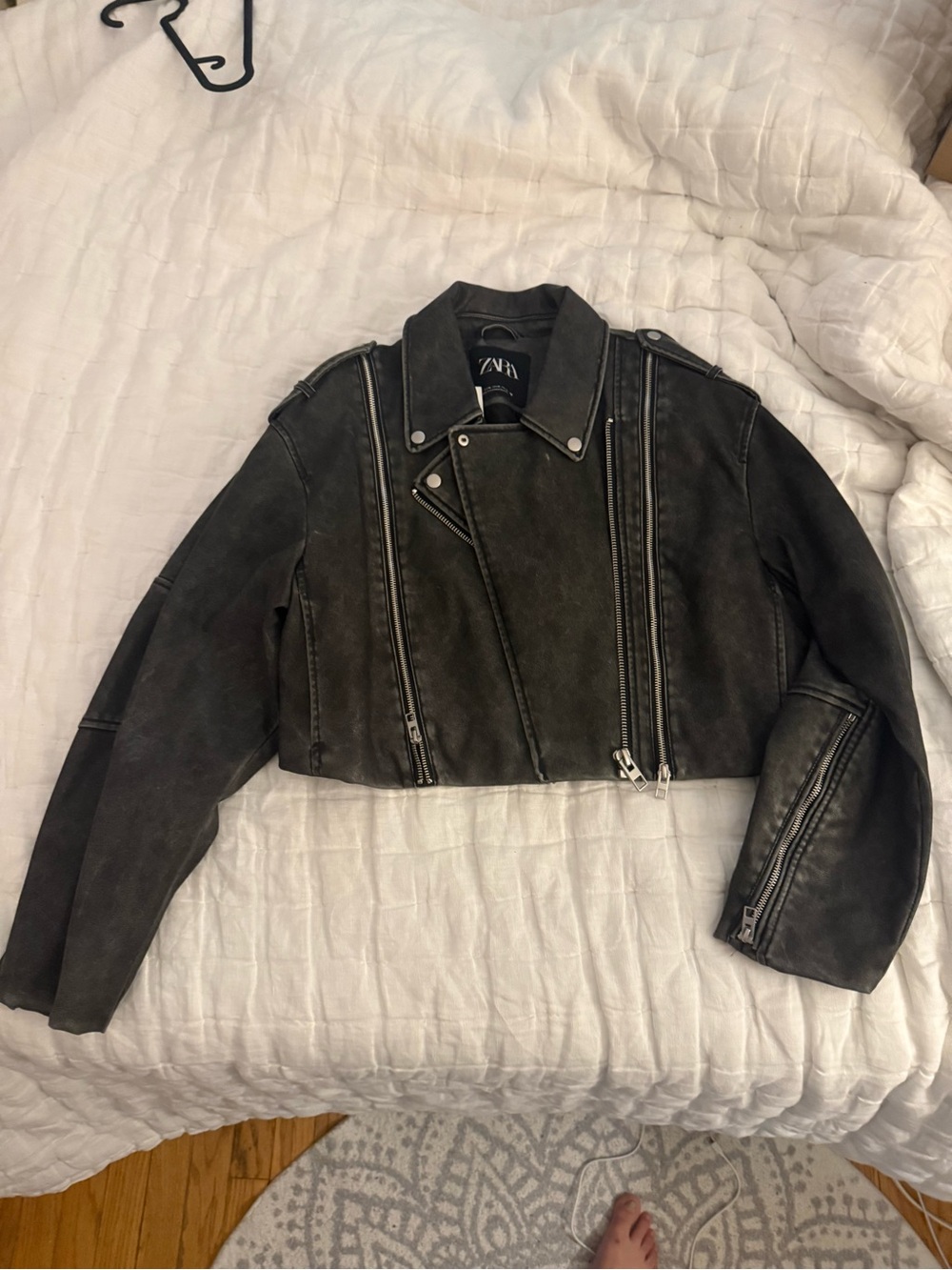 ZARA Black Cropped Leather Moto Jacket with Silver Hardware